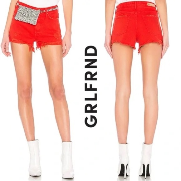 NWT Revolve GRLFRND Cindy High-Rise Red Seville Distressed Shorts - Picture 1 of 12